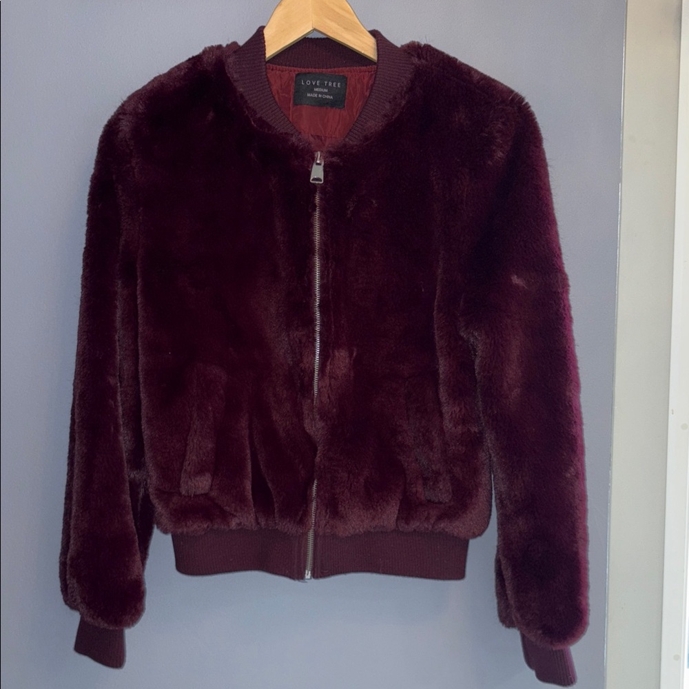 Love Tree Women's Deep Burgundy Teddy Jacket